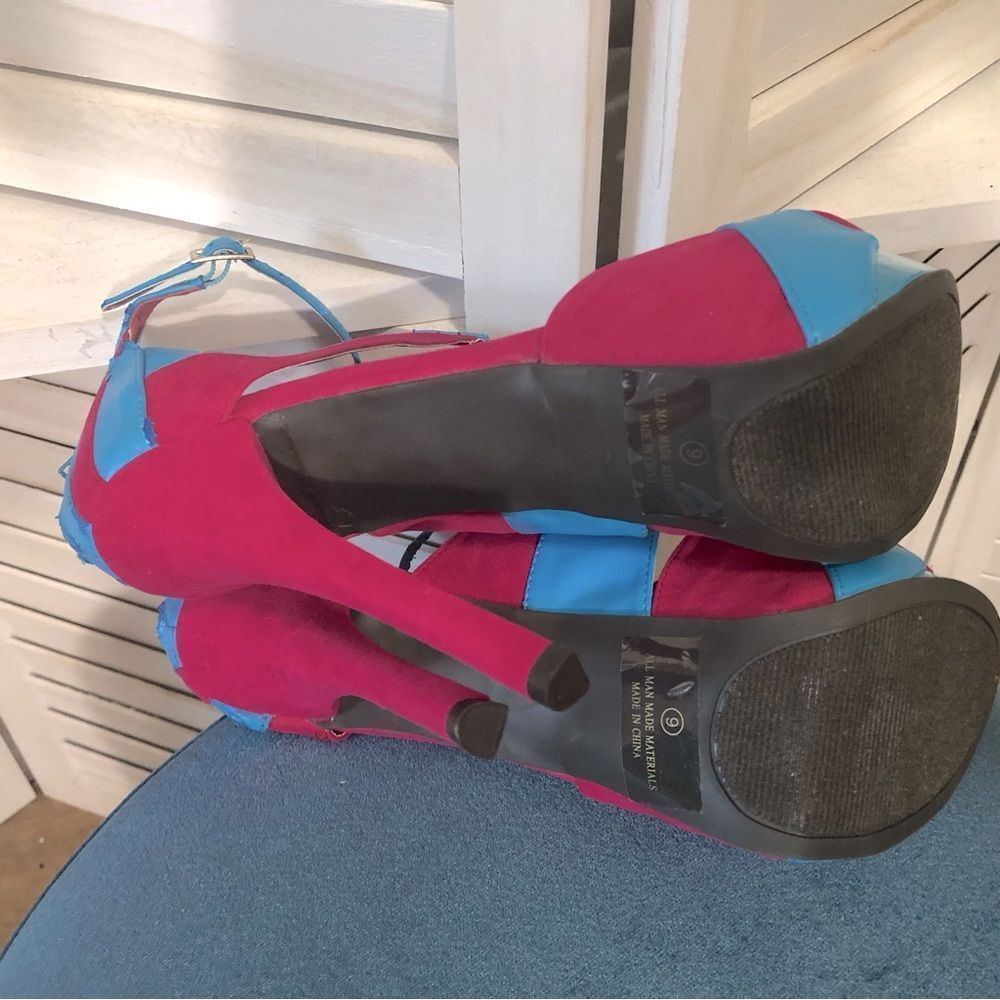 NWOT Liliana vegan leather teal blue and hot pink 6” heel platform sandals sz 9 - Picture 7 of 10
